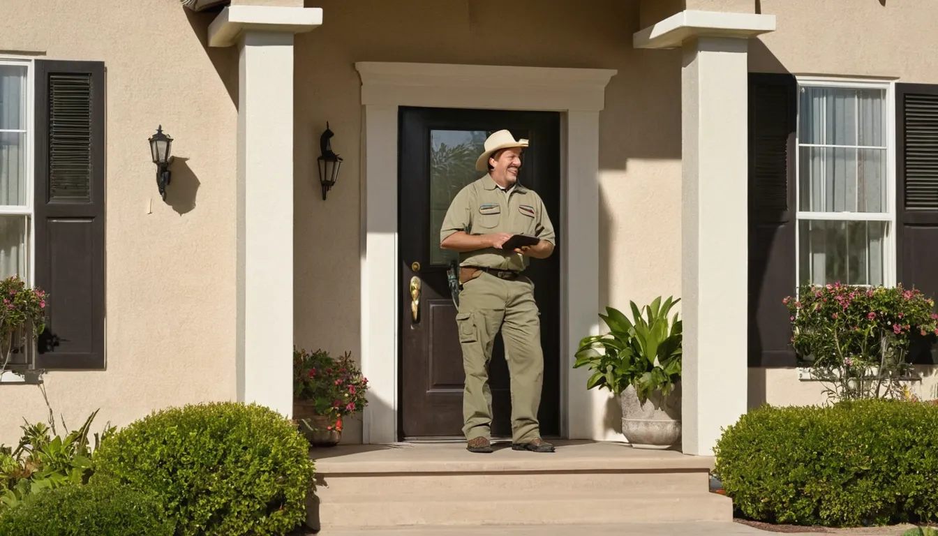 A homeowner in Arcadia talking with a friendly pest control provider at the front door